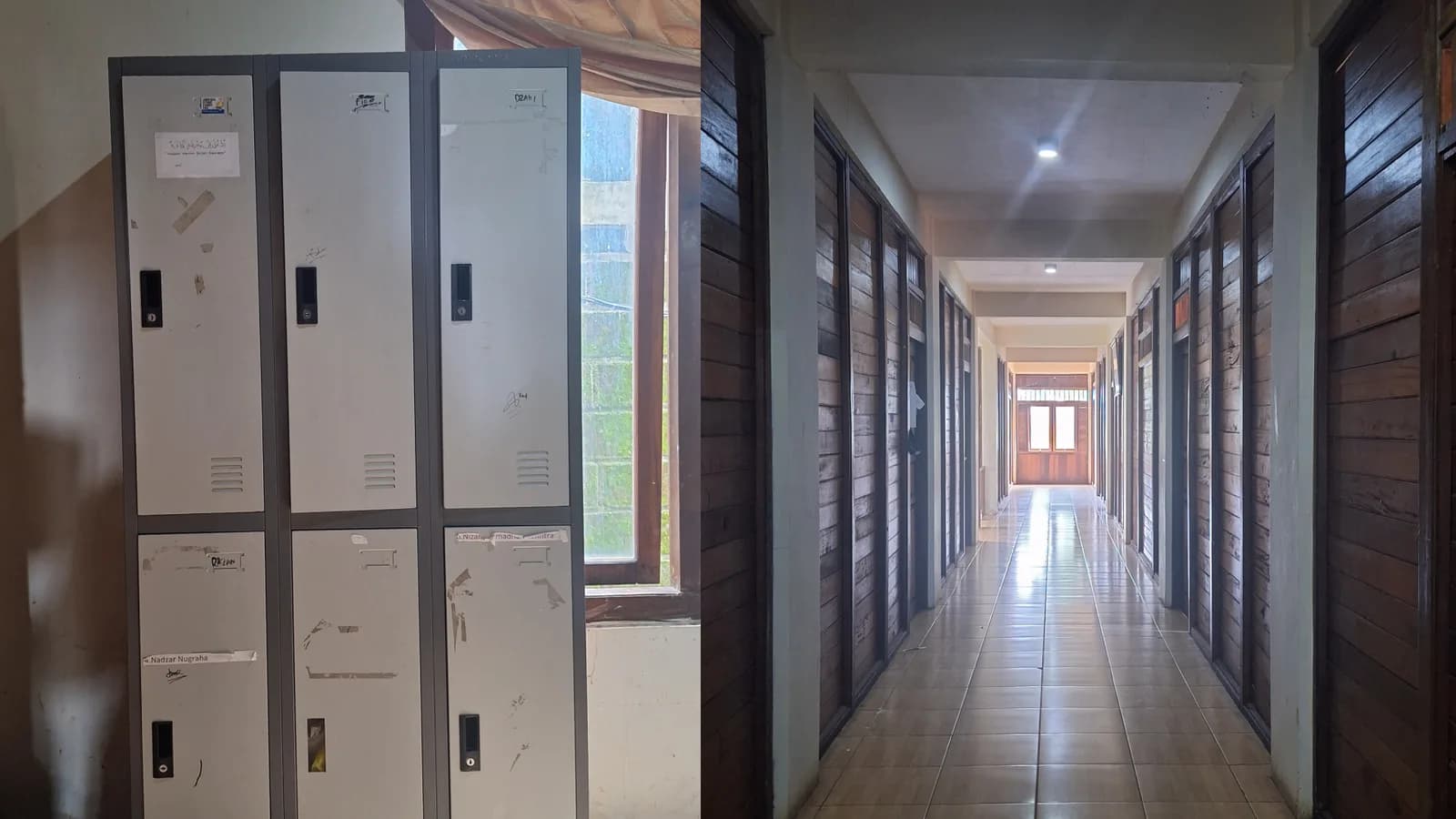 Lorong asrama dengan deretan lemari santri